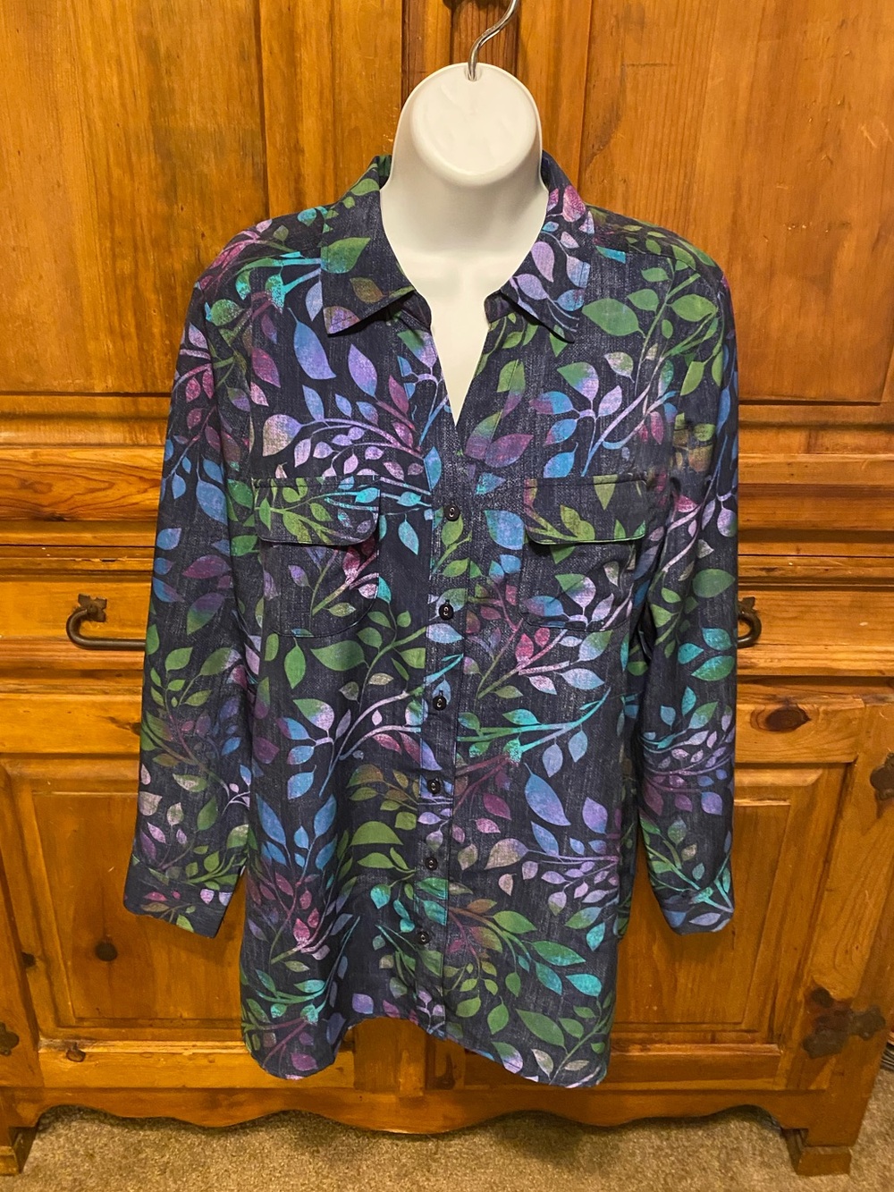 Denim & Co. Teal Purple Leaf Print Button Front Roll Tab Sleeve Tunic Top Size L